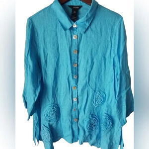ALI MILES Linen Blue Frayed Trim 3/4 Sleeve Button Shirt XL Asymmetric Hem Tunic